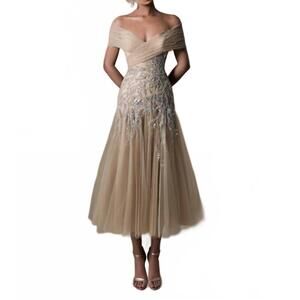 NEW TARIK EDIZ lana off the shoulder tea-length dress in stone